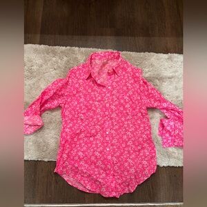 Lilly Pulitzer Sea View Linen Button Down Top Pink Check You Out Size XS